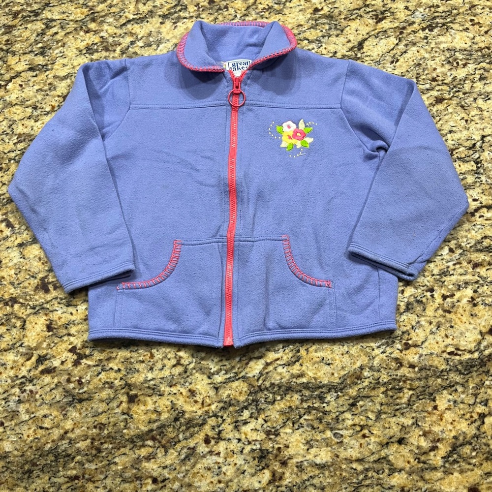 Great Lakes Recreation Kids‎ Fleece Jacket Periwinkle Blue Floral Zip Up Size 6X